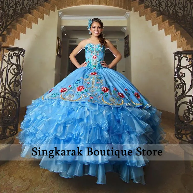 

Luxury Sky Blue Mexi Princess Quinceanera Dresses Sweetheart Flowers Embroidery Sweet 16 Dress Prom Gowns Vestidos De 15 Anos