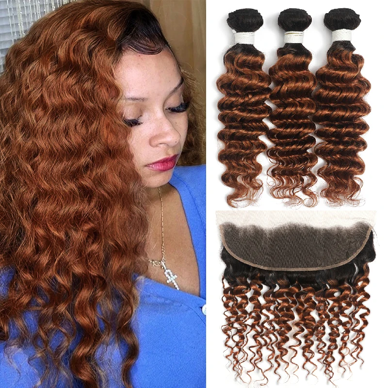 

T1B/30 Deep Wave Bundles With Frontal 13x4 SOKU Brazilian Ombre Brown Human Hair Bundles With Closure Remy Hair Weaves Extension