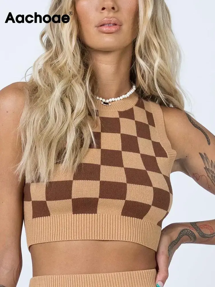 

Женский винтажный клетчатый трикотажный свитер-жилет Aachoae с принтом, Повседневный пуловер без рукавов с круглым вырезом, топы, Женский Модн...