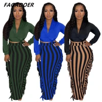 fagadoer fashion bodycon skirt two piece sets women sexy deep v long sleeve crop top and tassel skirt outfits nightclub clothing