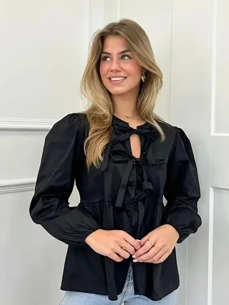 Женская ажурная рубашка EDSA винтажная блузка с длинным рукавом-фонариком круглым