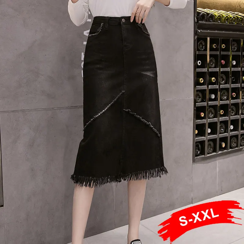 

Streetwear Asymmetric Tassel Hem Black Straight Denim Skirts Spring Women Elegant Office Lady Workwear Midi Long Jeans Skirts