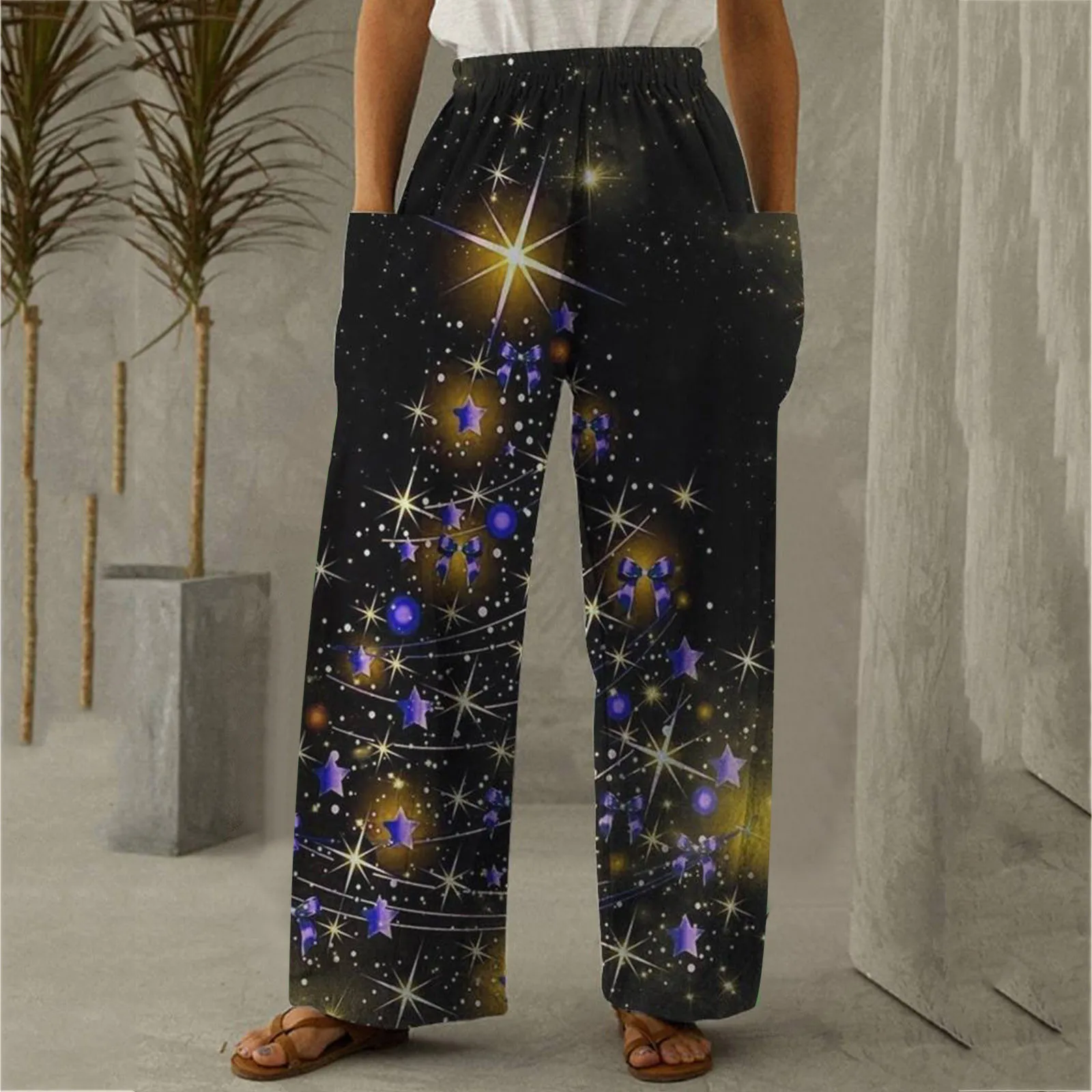 

90s Pants for Women Pants Casual Printed Wide Loose Elastic Waist Pockets Pants Christmas Leg 90s Pants for Women for Women