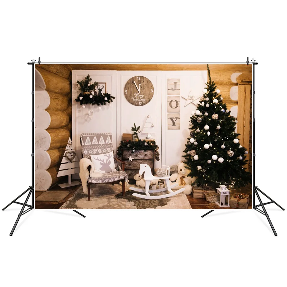 

Christmas Tree Garland Cabinet Clock Screen Horse Photography Backdrops Custom Baby Party Decoration Photo Booth Backgrounds