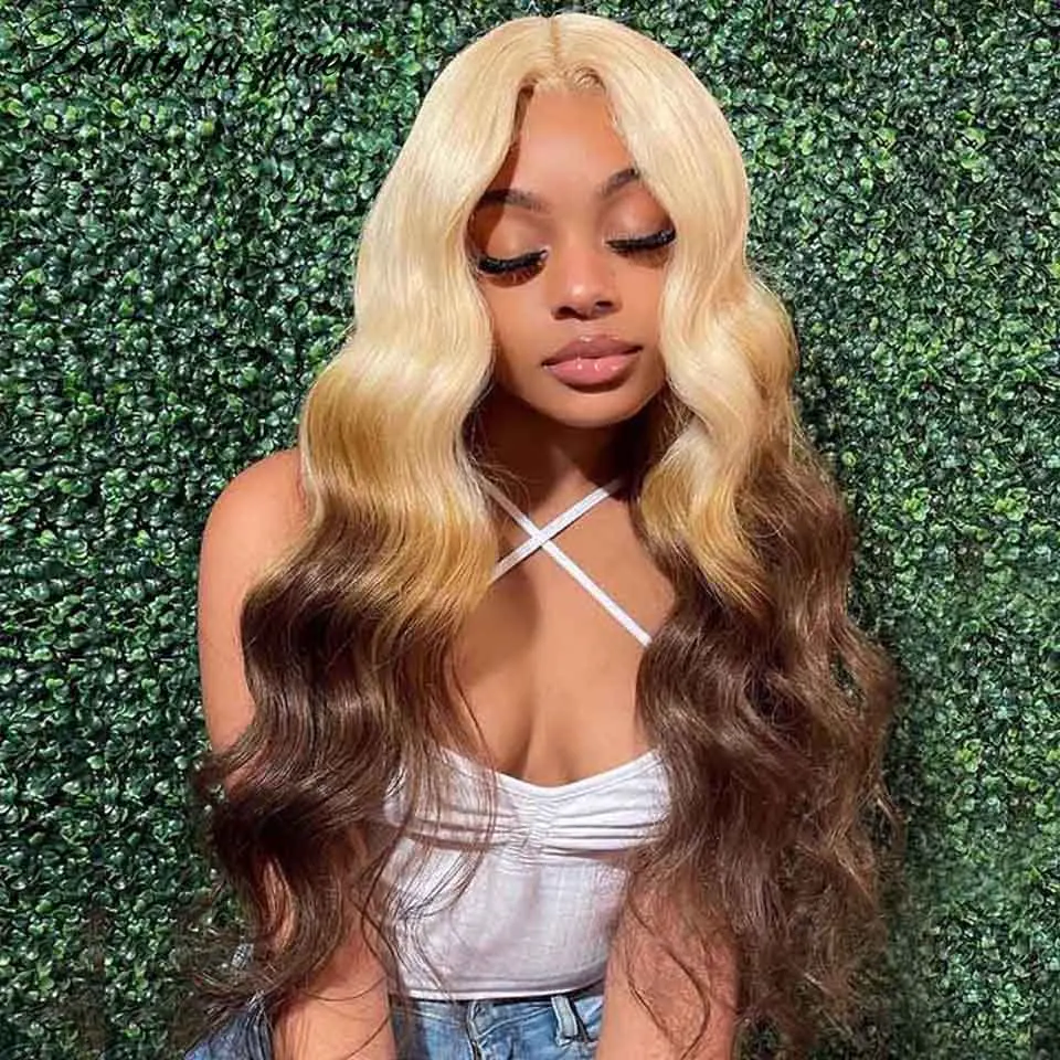 

Brown Body Wave Lace Front Human Hair Wigs HD Transparent Lace Frontal Wigs 150% For Women Ombre 613 Pre Plucked With Baby Hair