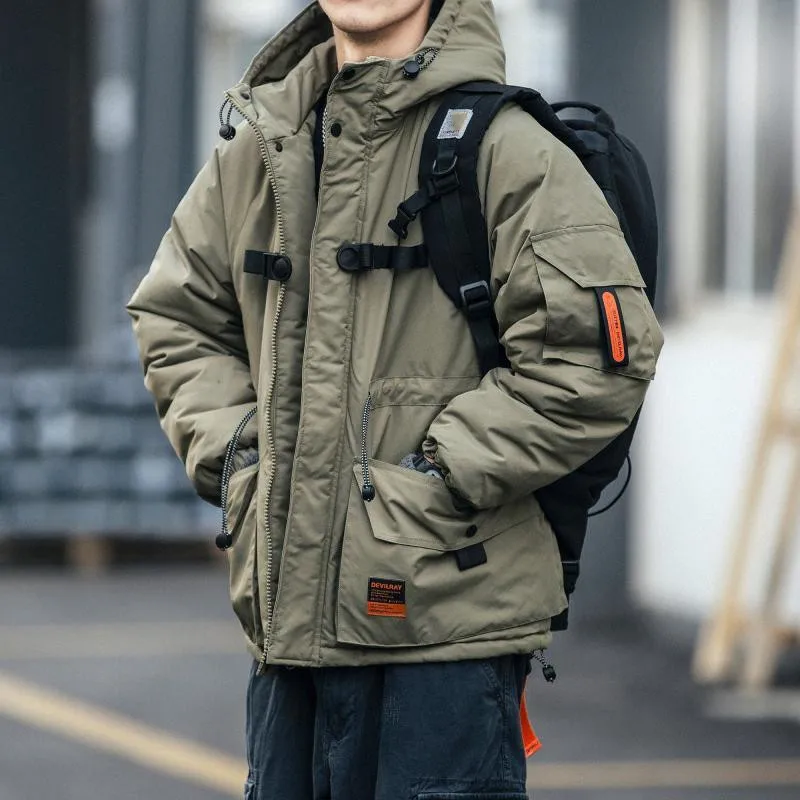 Japanese Winter Retro Thickened Jacket Hooded Tooling Cargo Parkas Functional Ribbon Casual Cotton Padded Jacket Men's Clothes