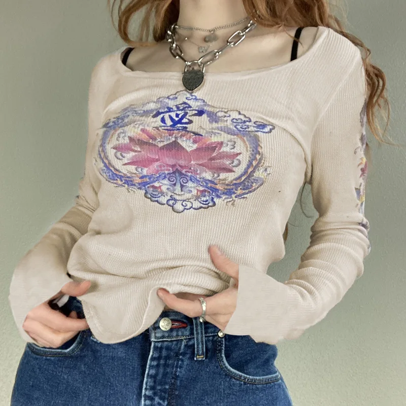 

Retro Graphic Print Grunge T-shirts Y2K Fairycore Aesthetic Chic Clothes Harajuku Crewneck Fashion Cute Top Vintage