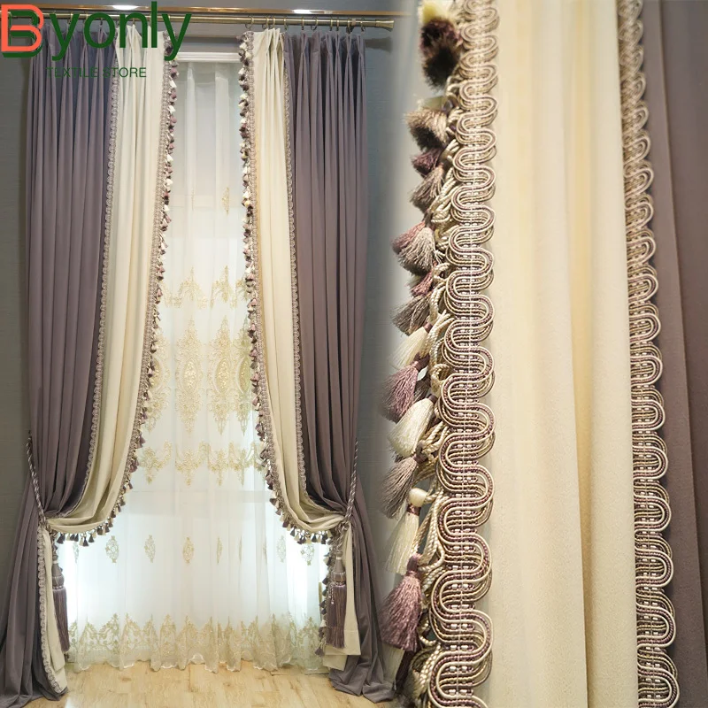 

Ash Purple Luxury Velvet Splicing Thickened Curtains for Living Room Bedroom French Window Customized Products