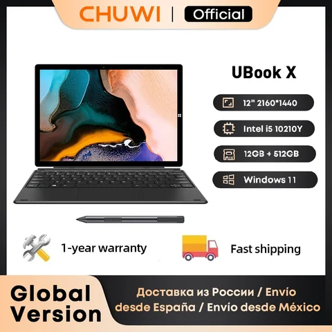 CHUWI UBook X 2024 планшет Windows 2 в 1, ноутбук, планшет диагональю 12 дюймов, 2K, IPS, 12 Гб, 512 ГБ, 2,4G/i5-10210Y, Wi-Fi со стилусом для клавиатуры