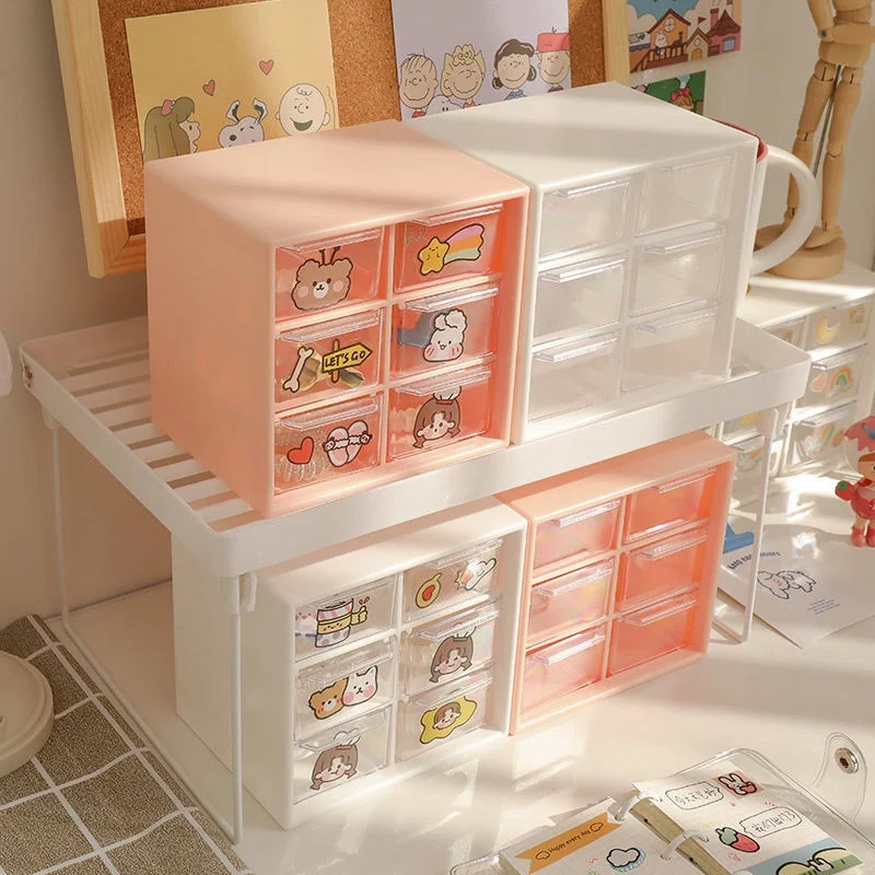 6-Grid Mini Drawer Desktop Storage Box Kawaii Desk Organizer Cosmetic Jewelry Tape Stationery Makeup Lipstick Cute Organizer Box