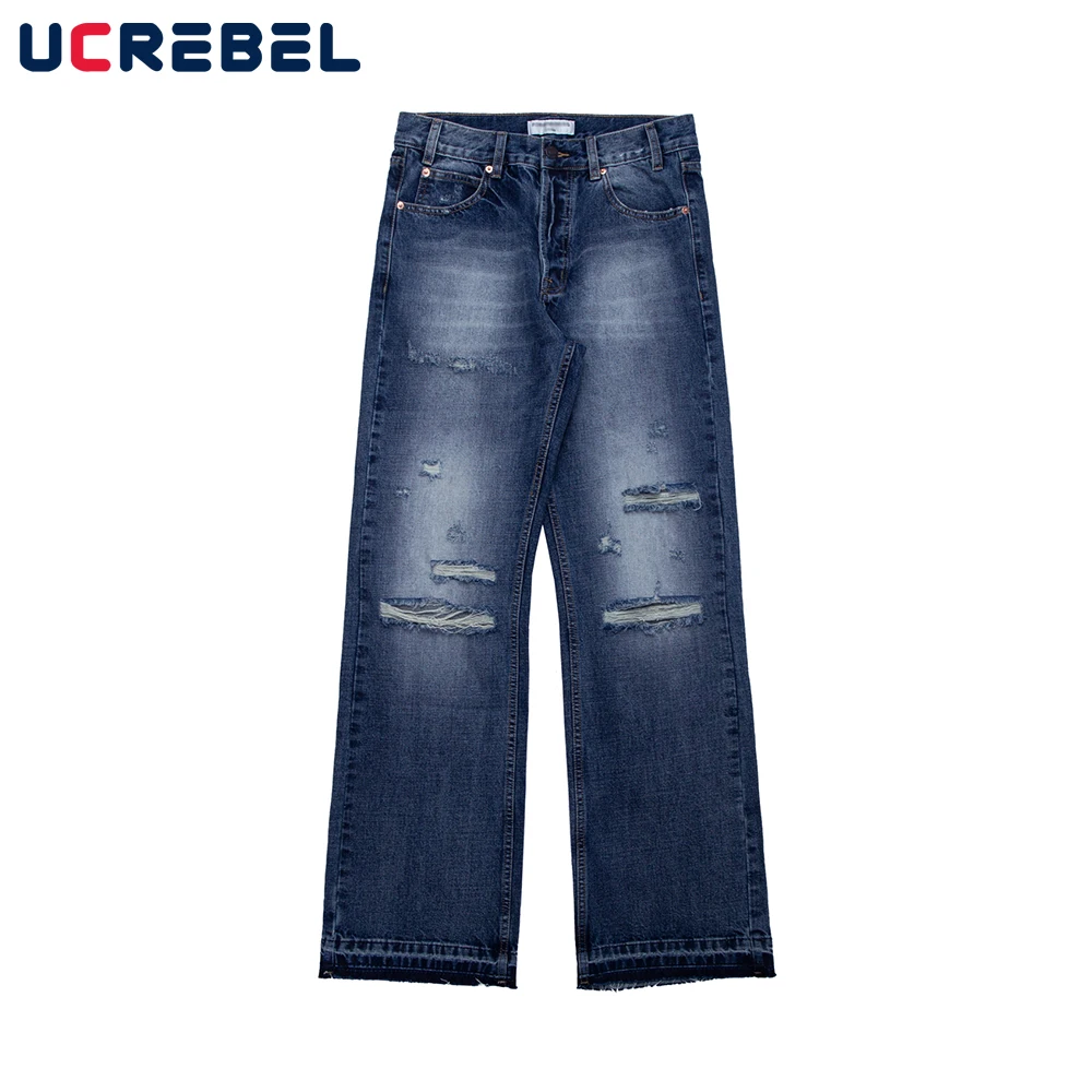 

Джинсы мужские рваные с широкими штанинами, свободные брюки из денима, повседневные Прямые Штаны в стиле ретро, потертые синие