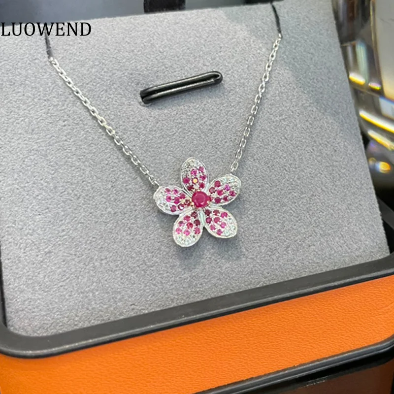 

LUOWEND 18K White Gold Necklace Shiny Real Natural Pink Ruby Romantic Sakura Shape Diamond Jewelry for Women Birthday Gift