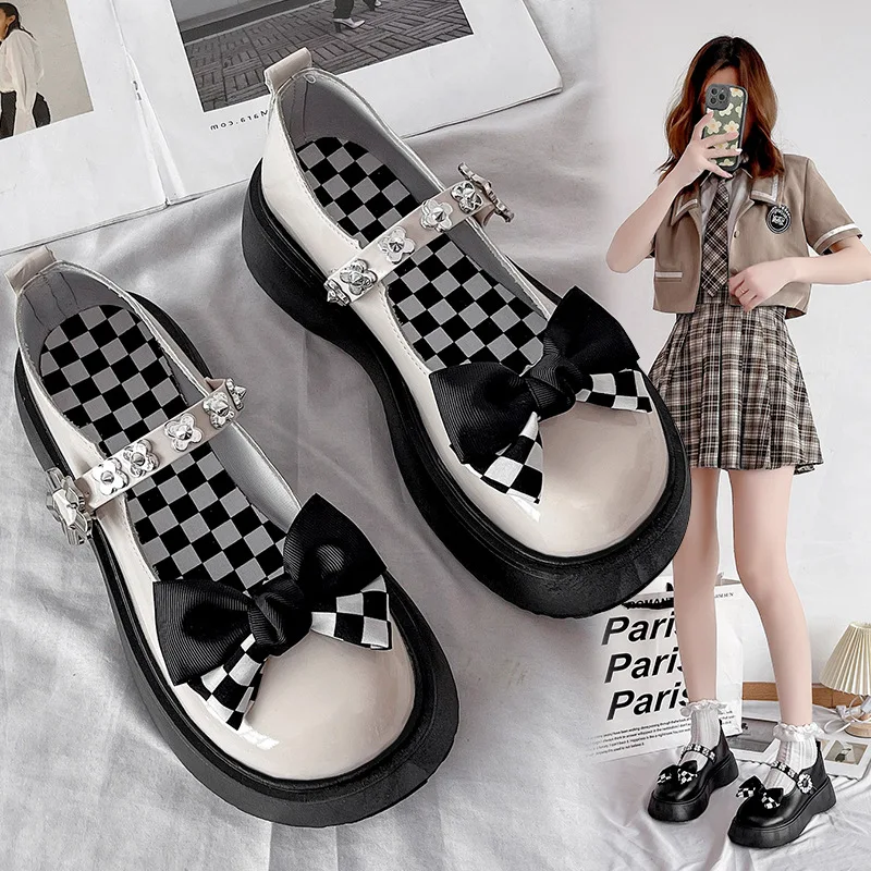 

Кожаные туфли в британском стиле для женщин, Новинка осени 2023, милая однотонная женская обувь на толстой подошве с бантом