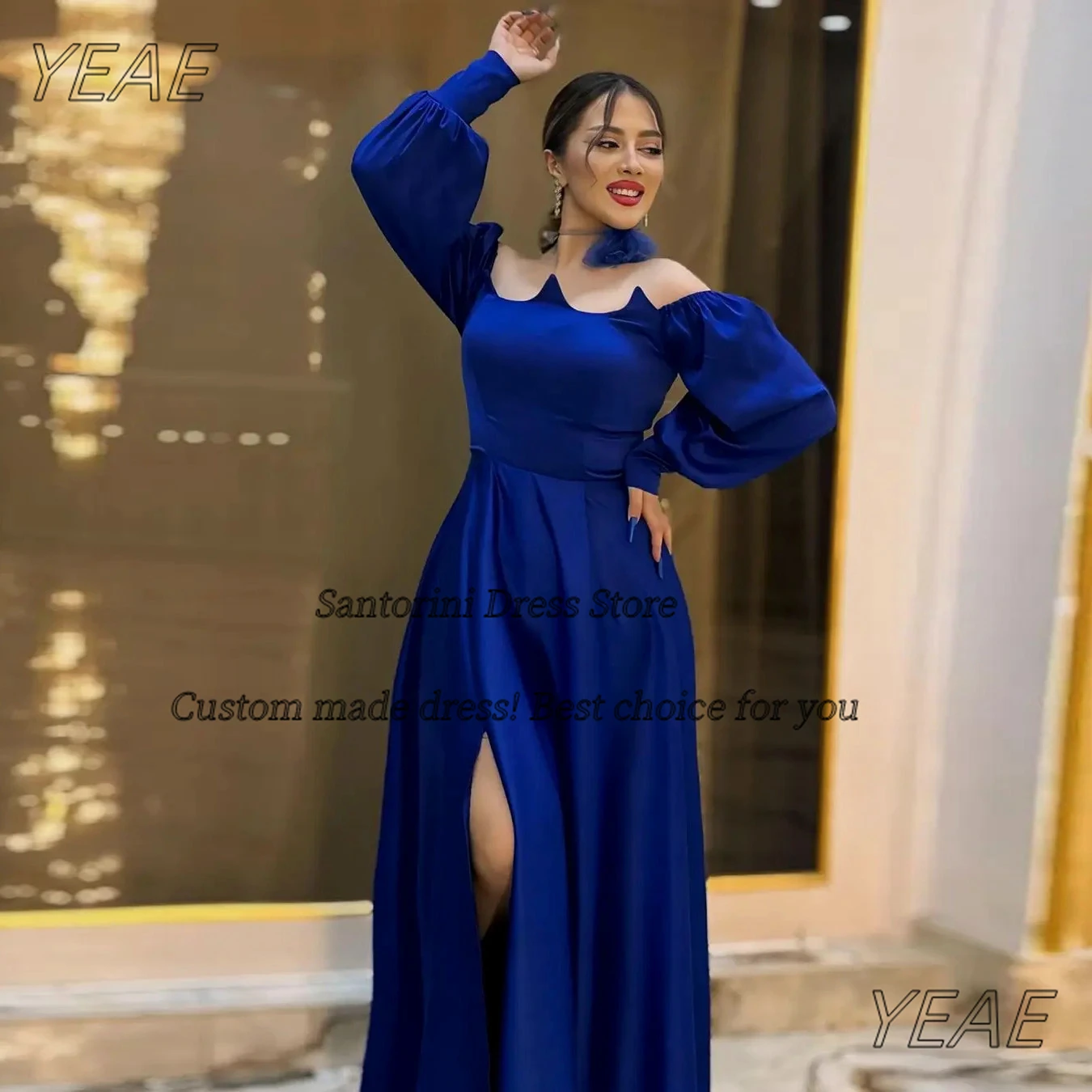 Фото Santorini Royal Blue Prom Dresses Plus Size Women Wear Long Sleeves Evening Gowns Side Slit Sexy Wedding Party Dress №2