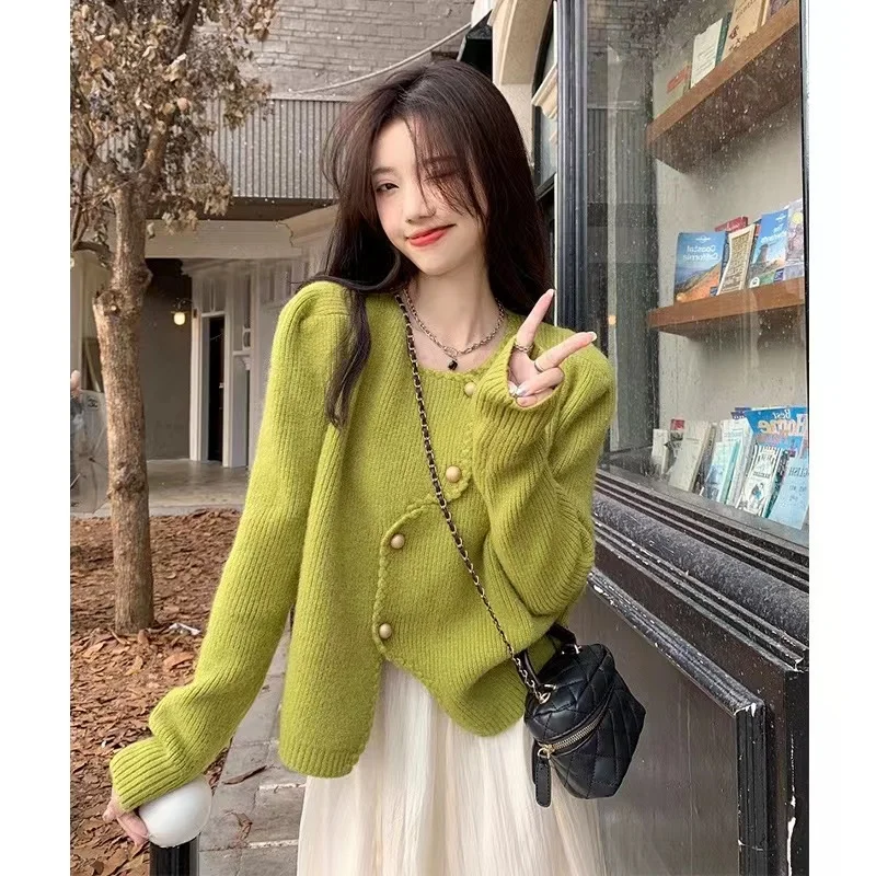 

Fashion Women's Sweater O-neck Double Breasted Full Sleeve Versatile Short Knitting Cardigan Autumn 2023 New