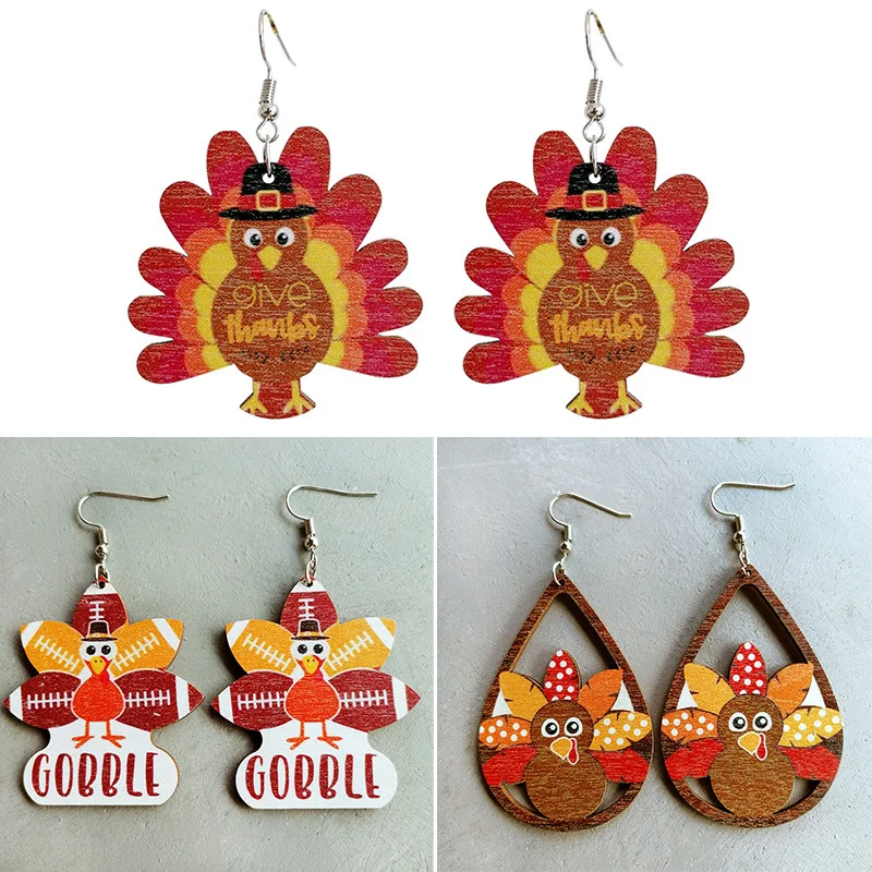 Rainbery Laser Cut Wooden Turkey Earrings for Women 2022 New Fall Glowforge Thanksgiving Earrings Holiday Jewelry Whoelsale