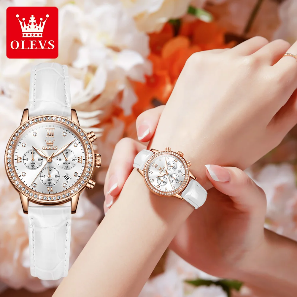 

OLEVS Complication Simple Diamond Quartz Watches for Women PU Strap Waterproof Fashion Women Wristwatch Chronograph Reloj Mujer