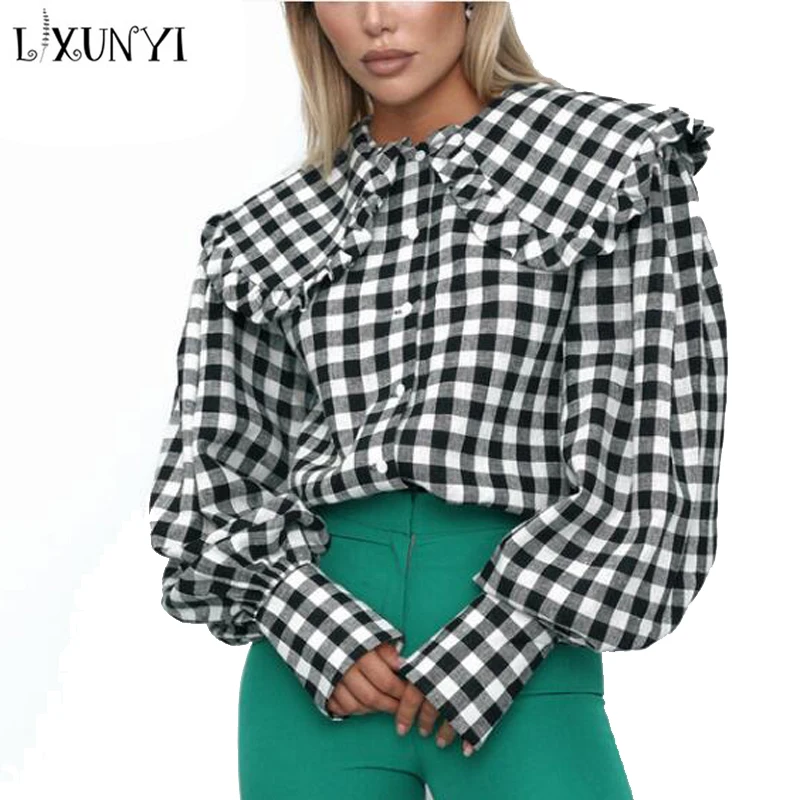 

LXUNYI Vintage Plaid Shirt Female Long Sleeve Loose Ruffles Preppy Style Sweet Peter Pan Collar Design Blouse Cotton Casual Tops