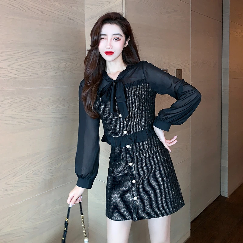 

Autumn Small Fragrance Vintage Tweed Two Piece Set Sexy See-through Chiffon Patchwork Tweed Crop Top + Mini Skirts Sets D771