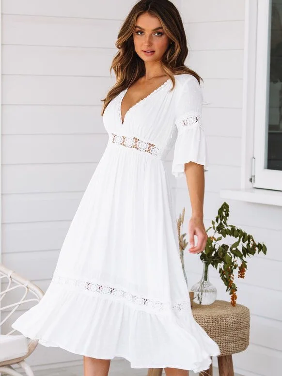 

Casual Solid V-neck Ruffle Hollow Out Frill A-line Midi Dress