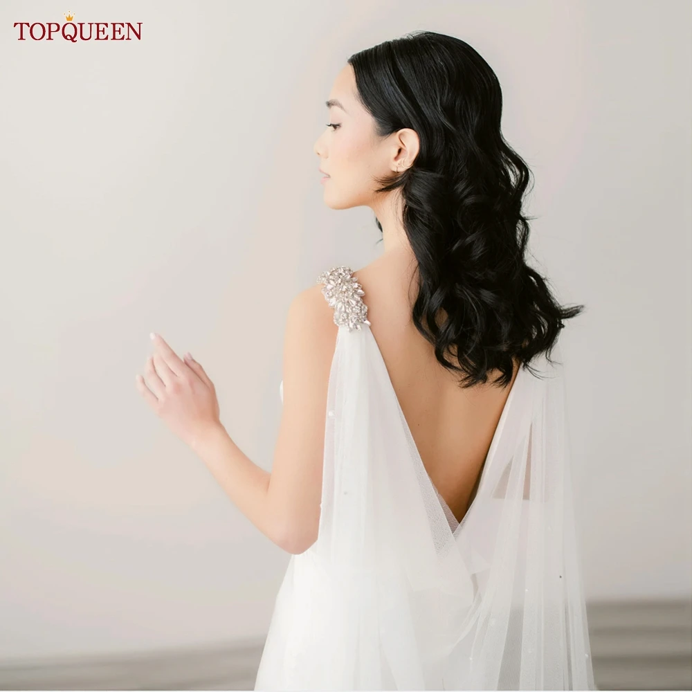 TOPQUEEN G64 Wedding Long Bridal Veils Bolero Jacket Trailing Pearl Cape Veil Cathedral Long Bridal Wrap with Beaded Pins