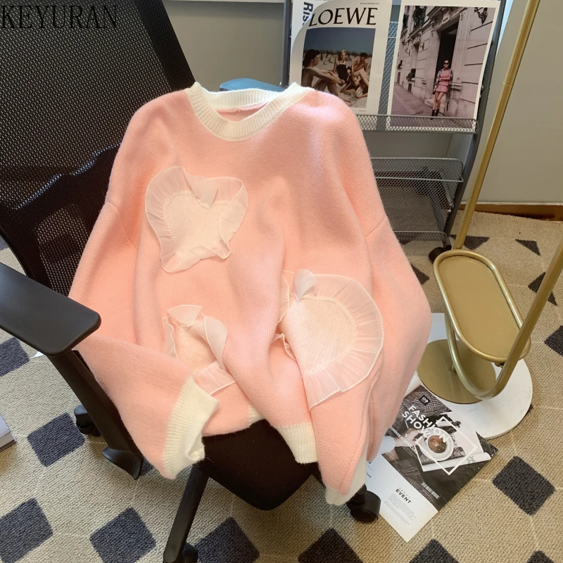 

Женский свитер с круглым вырезом, свободный трикотажный пуловер с длинными рукавами и сердечками, в Корейском стиле, Осень-зима 2023