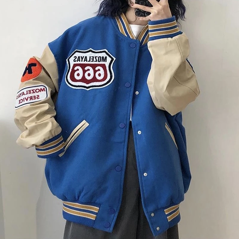 American retro stitching jacket coats women's street hip-hop pilot baseball uniform casual loose plus size couple jackets tops