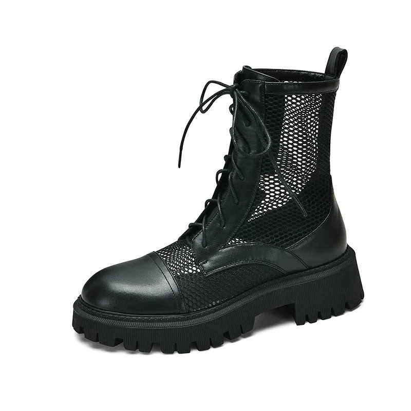 

Women Boot Breathable Mesh Lace Up 2022 New Punk Gothic Ankle Boots Chunky Heels Platform Shoes Summer Net Boots Ladies Size 43
