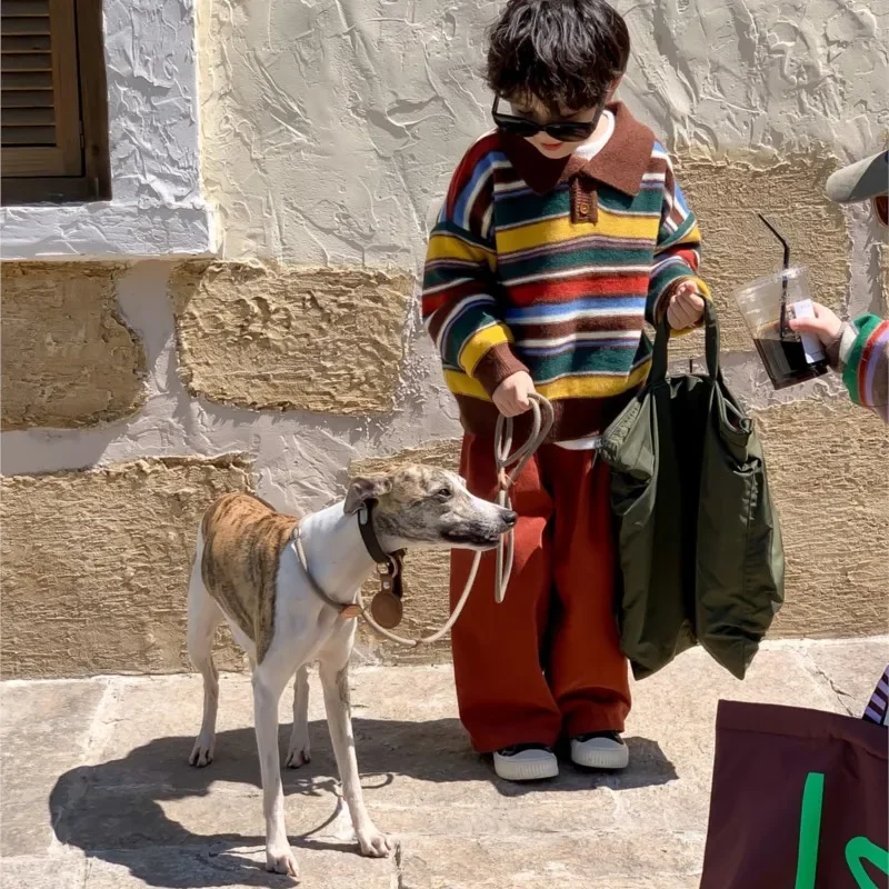 

Осень-зима 2023, детский комплект одежды для мальчиков, вязаный свитер в полоску с отложным воротником, свободные хлопковые брюки, детская одежда для мальчиков