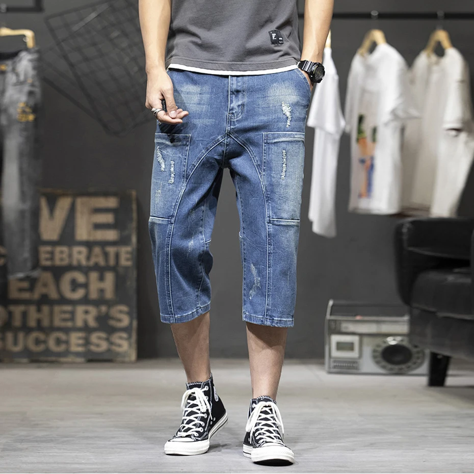 Streetwear Jeans Men Denim Pants Summer Calf-length Jeans Male Cargo Pants Fashion Short Pants Plus Size 40 Baggy Bottoms
