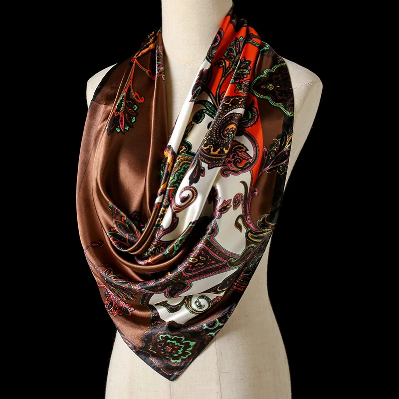 

Brand Design 90cm Silk Feeling Scarf Women Myth World Tree Print Headkerchief Hijab Female Hair Hand Wrist Bandana Neck Tie 2022