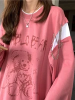 deeptown kawaii bear print hoodies women harajuku retro patchwork oversized sweatshirts fake two piece tops hip hop grunge goth