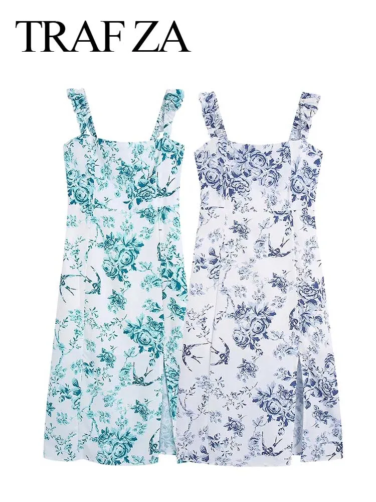 

TRAF ZA Summer New Elegant Slim Chinese Style Ladies Sling Dress Two-tone Floral Print Temperament Knee-Length Women's Dress
