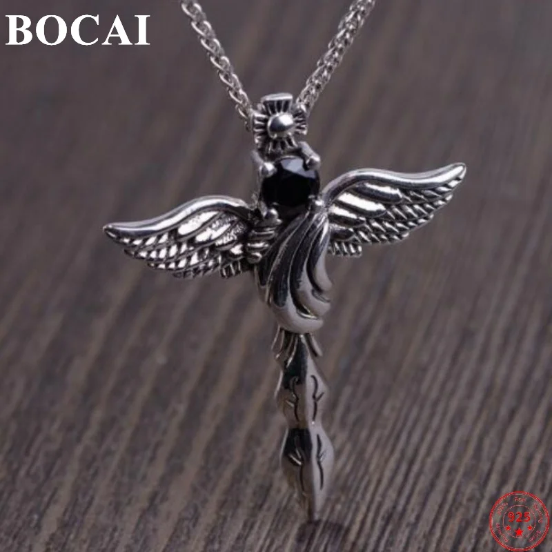 

BOCAI 100% S925 Sterling Silver Pendant 2022 New Fashion Cross Eagle Wings Obsidian Pure Argentum Amulet Jewelry for Men Women