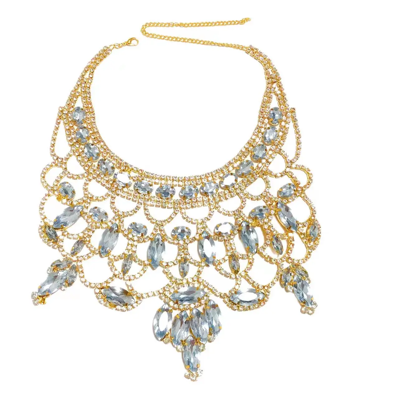 Bohemian Fashion Shiny Multi layered Rhinestone Droplet Pendant Choke Ring Necklace Girl Jewelry Luxury Crystal Necklace Gift Ac