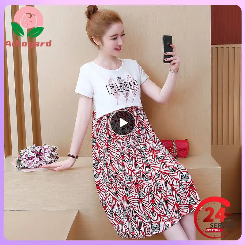 

2021 New Maternity Dresses Short-sleeved Floral Dresses O-Neck High Waist Loose Maternity Cotton Dresses For Pregnancy Clothes