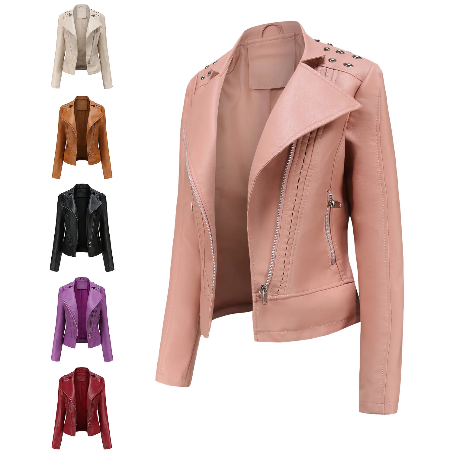 Kenntrice Women Biker Jacket Faux Fashion Rivet PU Leather Coats High Quality Spring Thin Casual Turn-down Collar Wild Jacket