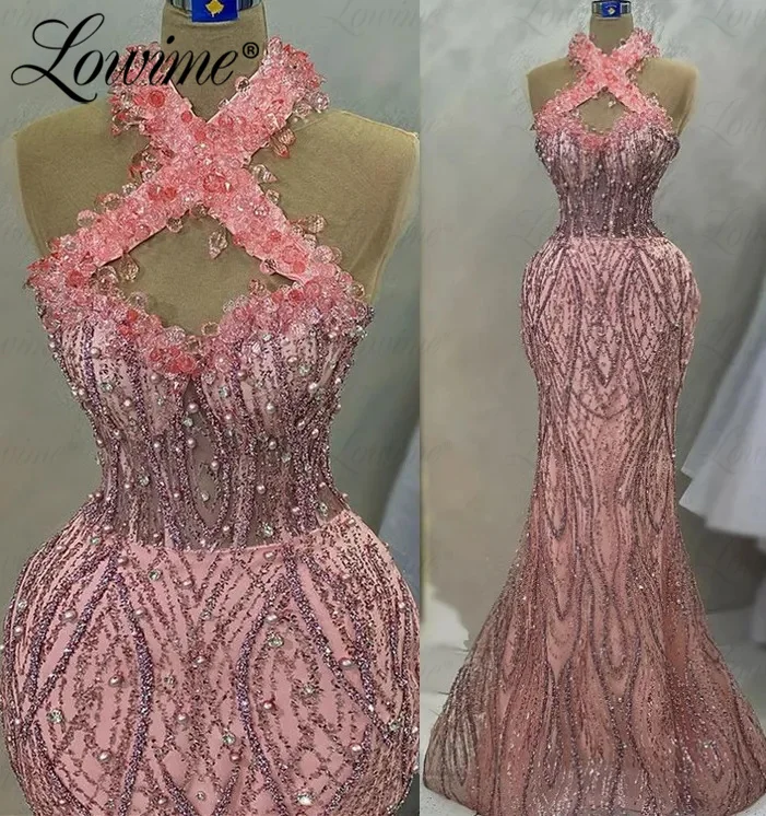 

Lowime Full Crystals Halter Pink Party Dresses Robes De Soiree 2023 Engagement Evening Gowns Dress Arabic Prom Dress Custom Made