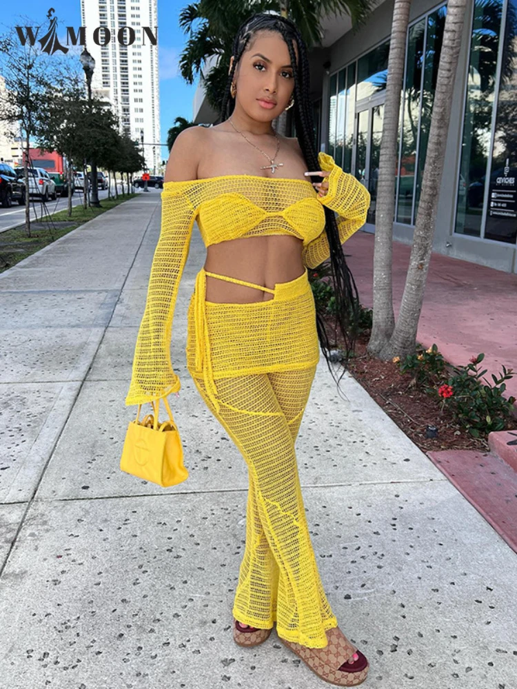 

See Through Fishnet Two Piece Set Women 2022 Summer Hollow Out Long Sleeve Cropped Top Party Club Sexy High Waist Flare Pant Set