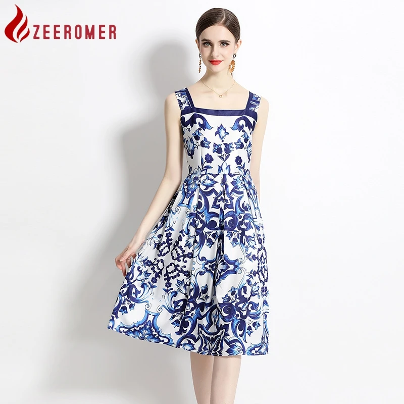 

Женское модельное платье с фарфоровым принтом, облегающее сине-белое платье миди без рукавов с вырезом лодочкой и открытой спиной на подтяжках, лето 2023