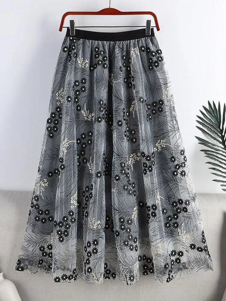

Mesh Embroidery Skirts Womens Party Elastic High Waist Summer Midi A-line Skirt Female Elegant Vintage Tulle Skirts Womens Chic