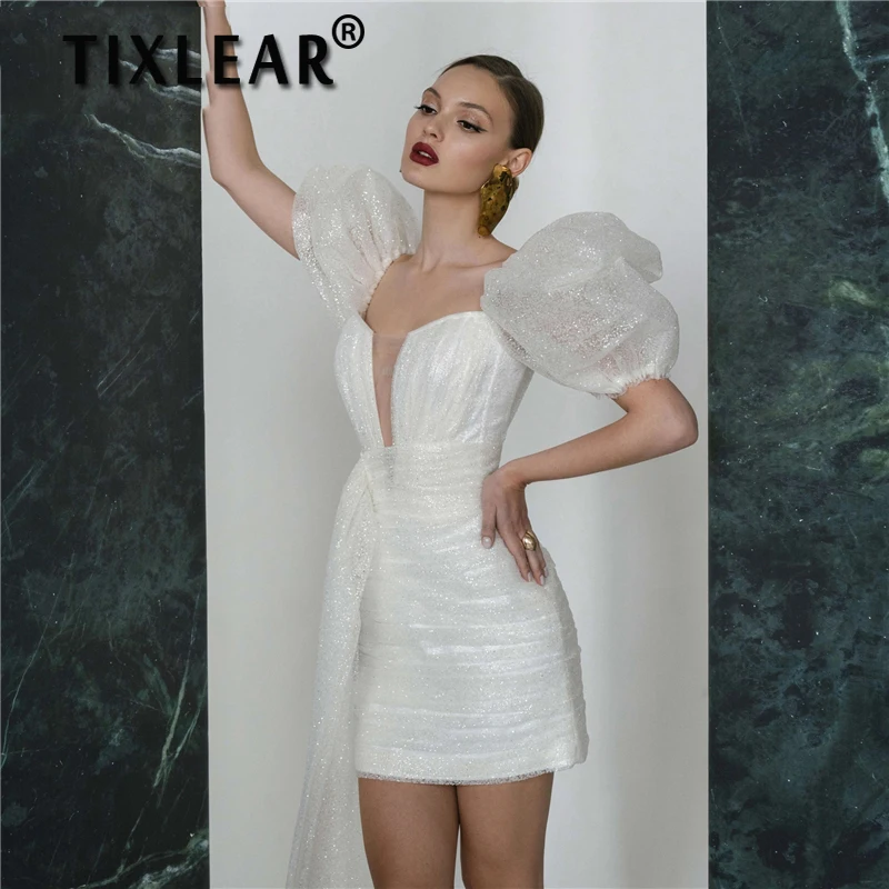 

TIXLEAR Women Wedding Dresses Short V-Neck Sequins Satin Lantern Sleeves Zipper Up Backless Bridal Gown Vestido De 2023 A-line