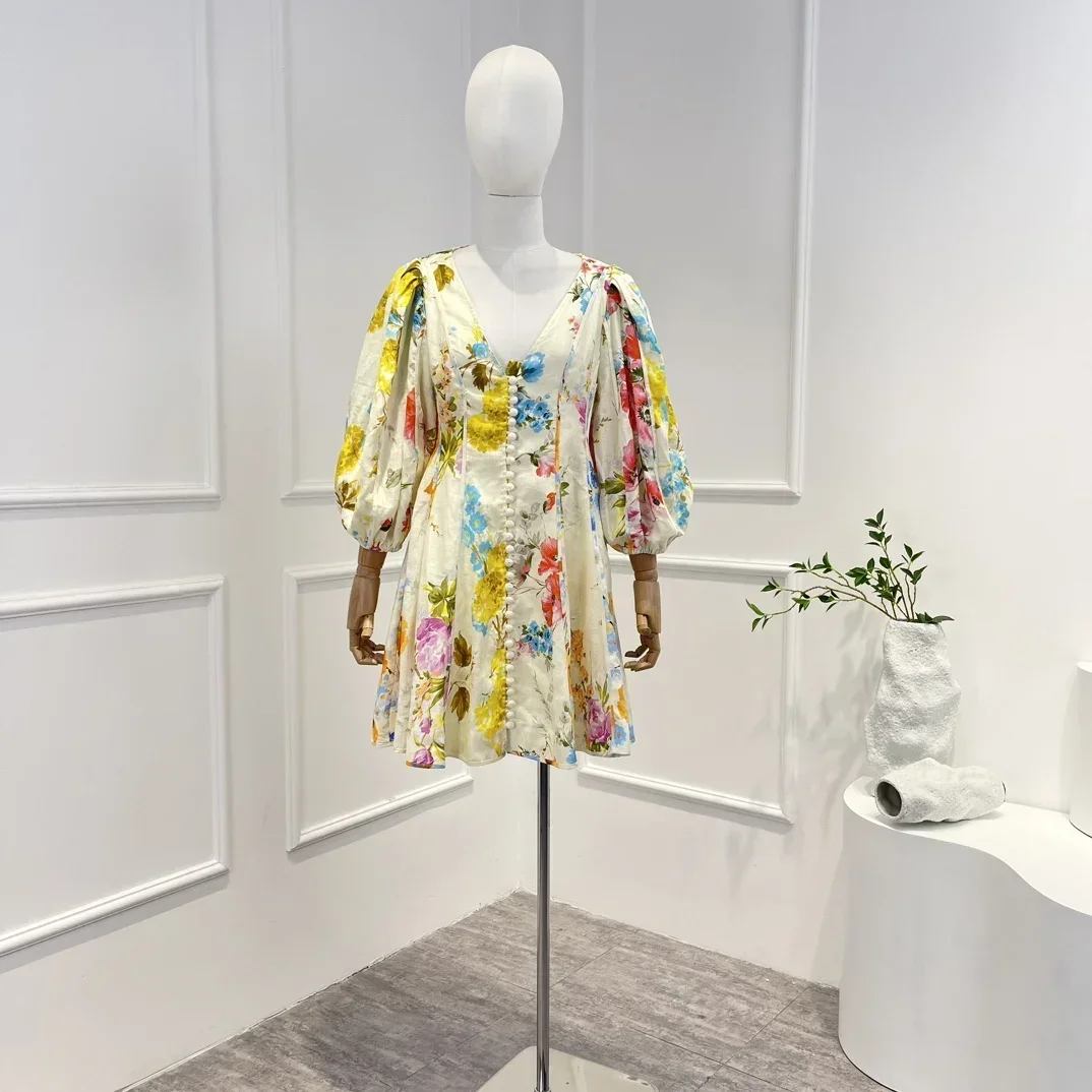 

Linen 2023 Spring Summer High Quality Vintage Floral Printing Deep V-neck Graceful button Women Mini Dress