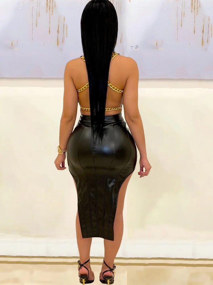 

Beautiful Gold Chain Back Leather Skirt Set Womens Black PU Faxu Leather Matching Outfits Going Out Suits Set Club Wear