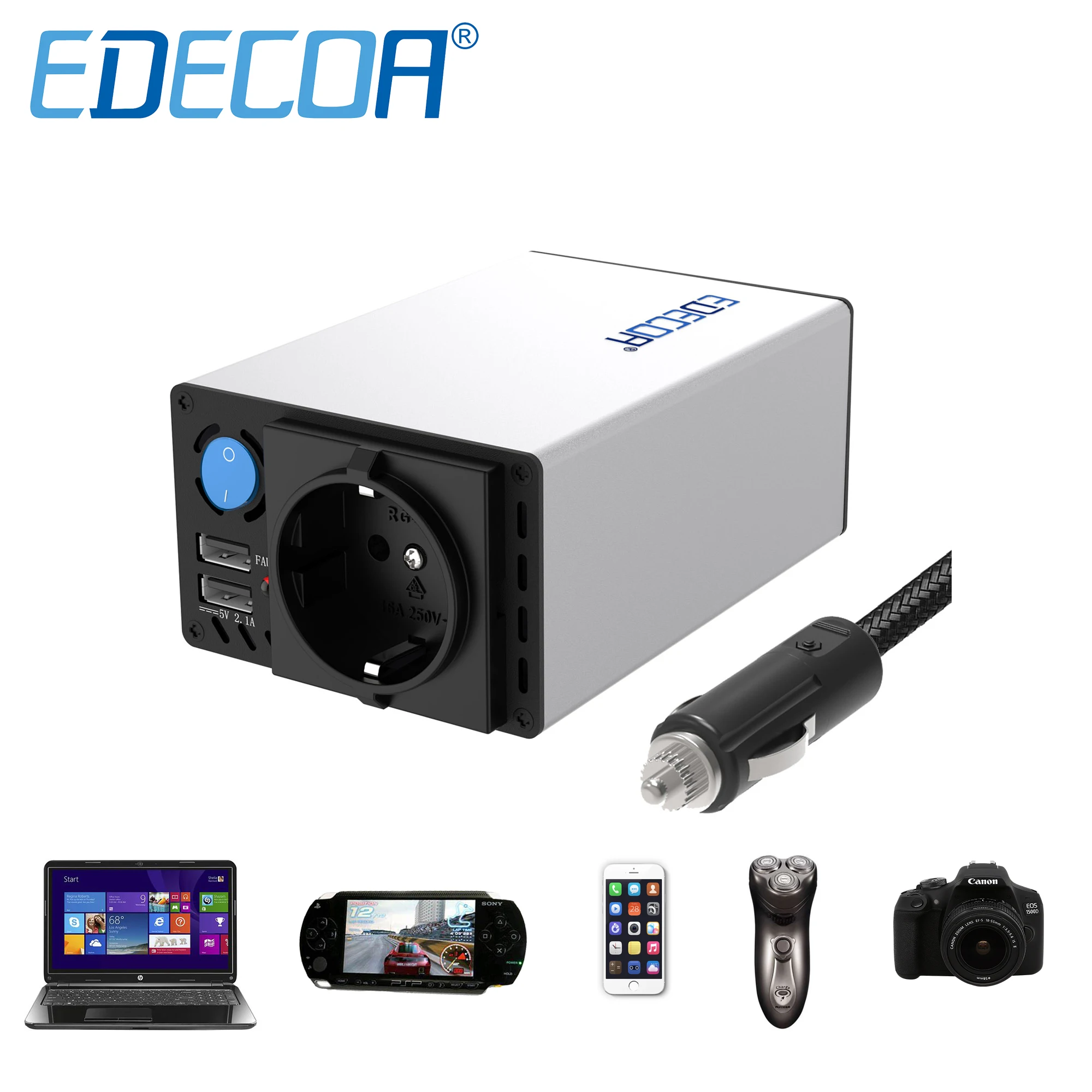 

EDECOA 300W 600W Sine Wave Power Converter DC 12V AC 220V 230V 240V Cigarette Lighter Car Socket Modified Sine Wave Inverter