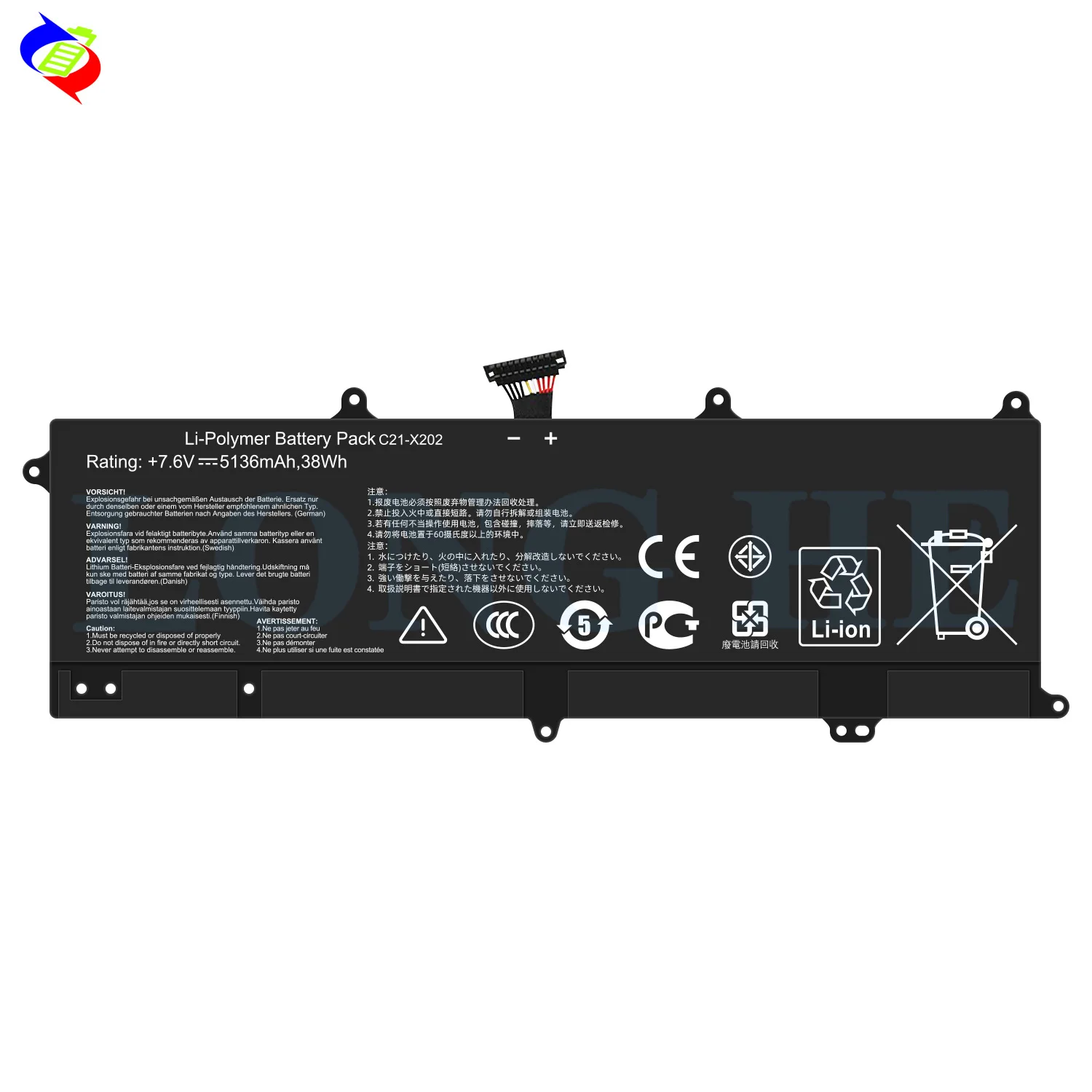 Фото Аккумулятор для ноутбуков ASUS VivoBook X202E, X201E, S200E, S200L, Q200E, Q200, F201E, R200E серии, C21-X202, 38 Вт·ч, 7.6 В, 5136 мА·ч №2