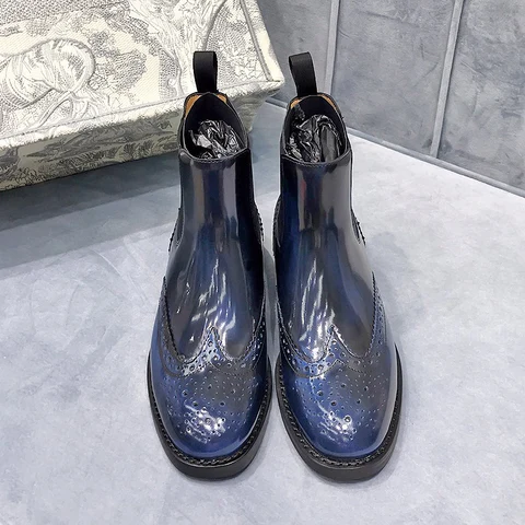Donna-in/женские ботинки «Челси» с отполированной синей брогой ручной работы из натуральной телячьей кожи в британском стиле