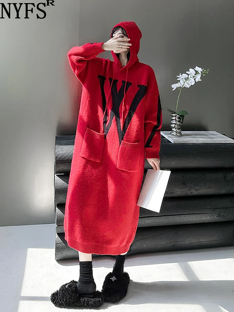 NYFS 2022 Autumn Winter New Korea Woman Dress Vestidos Robe Femme Elbise Loose Plus Size Thick Alphabet Weaving Sweater Dress