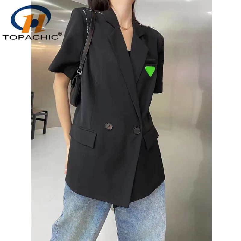 

6.21 High End New Fashion Triangle Decoration Double Breasted Short Sleeve Black Blazer Women