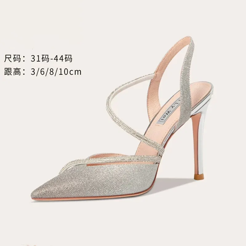 

Spring and summer new pointy sequins with rhinestone fashion sandals thin high heels banquet dress large small women single shoe